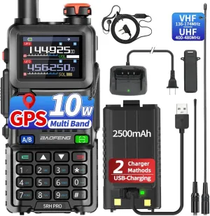 BAOFENG 5RH PRO GPS Ham Radio Long Range AR-5RM Upgrade 10W Handheld NOAA Weather Receiver Rechargeable Two Way Radio Walkie Talkies with Copy Frequency USB-C Charger for Camping Survival Gear