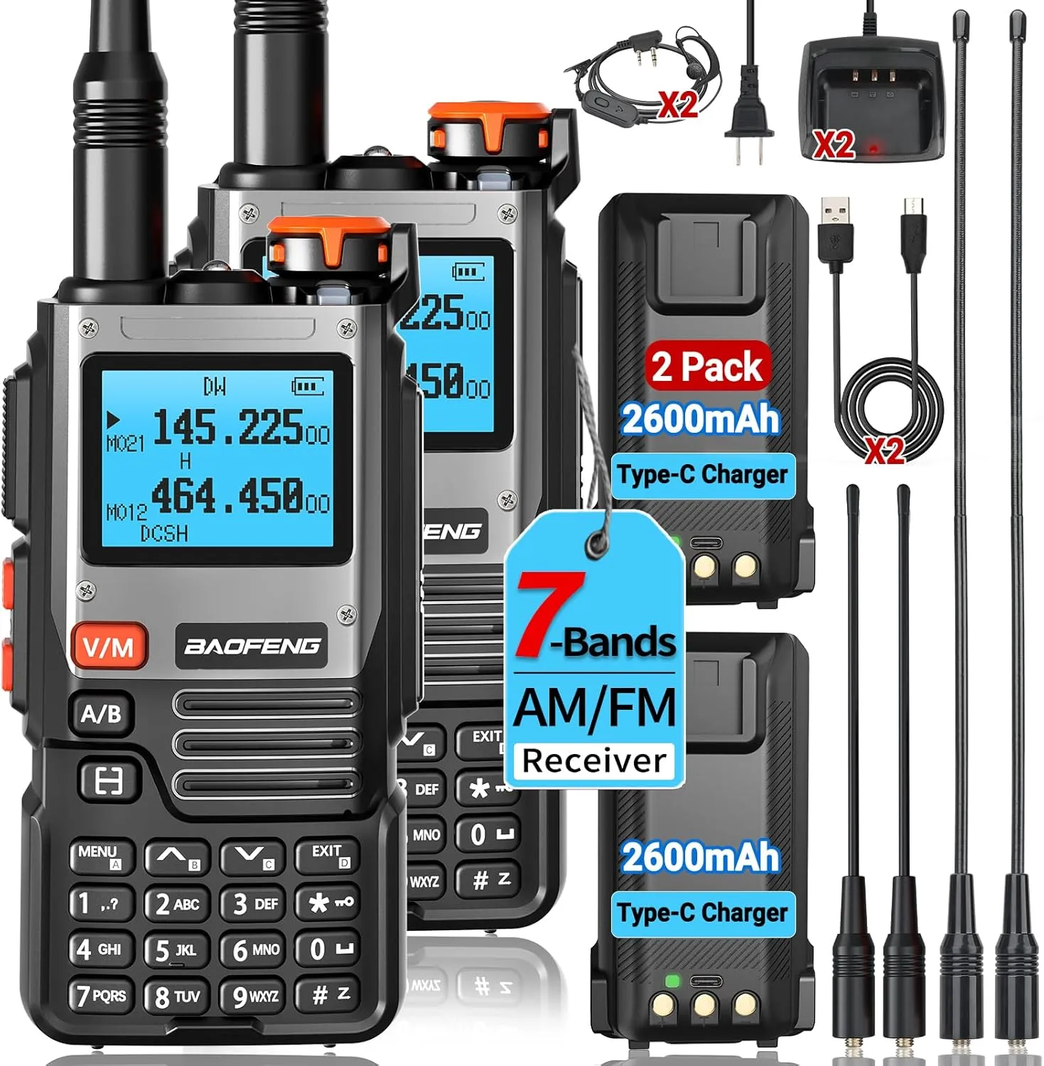 BaoFeng Ham Radio NA-K61 Ham Radio Handheld Long Range AR-5RM Two Way Radio for Adults Rechargeable K5PLUS Walkie Talkies with VOX USB Charger 2600mAh Battery 771 High Gain Antenna (2 Pack)