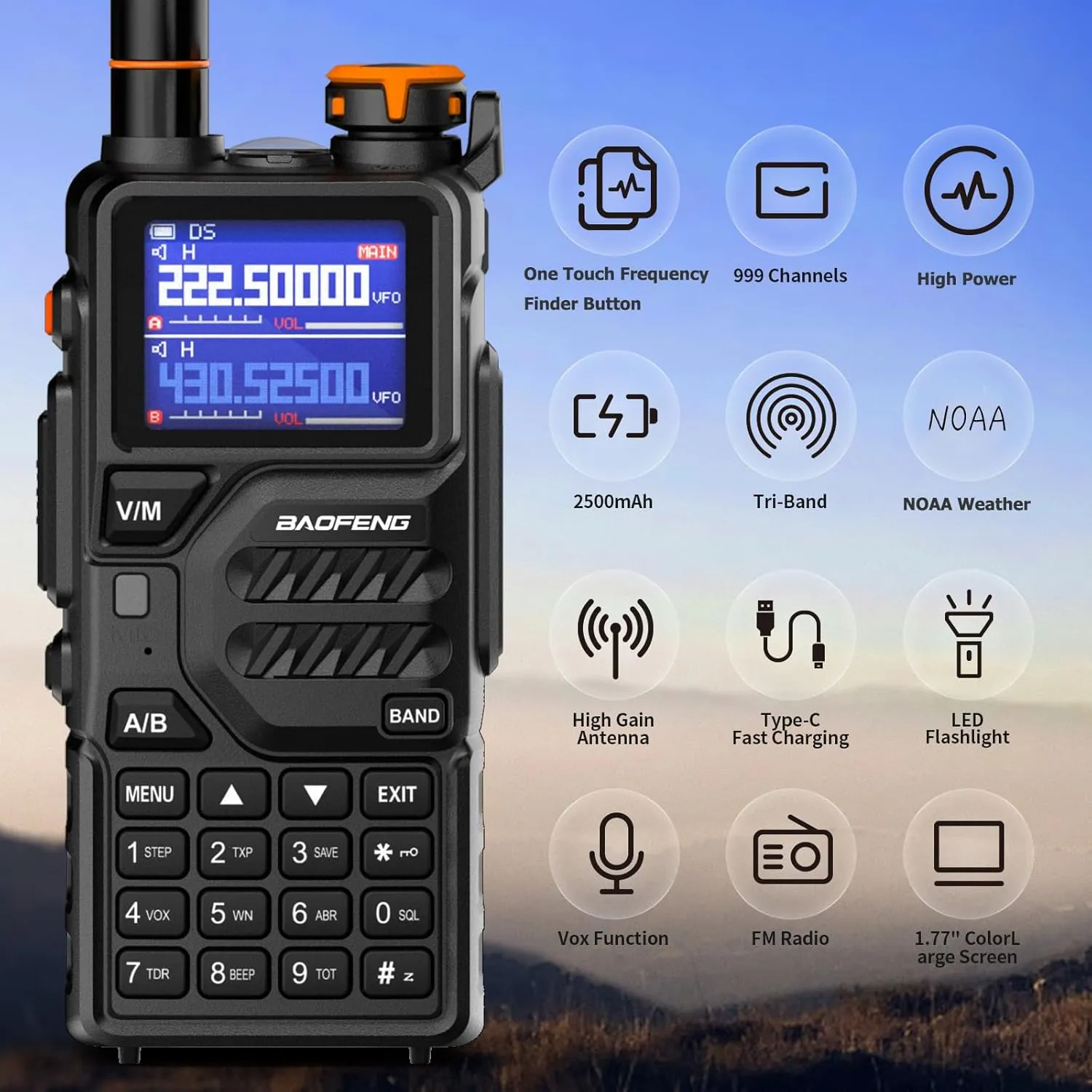 BAOFENG K5PLUS Tri Band Ham Radio Long Range (Upgrade of UV-5R) Handheld High Power NOAA Weather Receiver Two Way Walkie Talkies with Copy Frequency,USB C Charger,2500mAh Battery,Airband,999CH,2 Pack