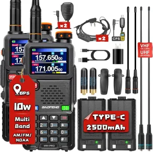 BAOFENG Radio 5RH PRO GPS 10W Ham Radio Handheld, Tri Band Portable FrsTwo Way Radio-VHF/1.25M/UHF, 640CH,Aviation Police Band Scanner,NOAA Weather Long Range Walkie Talkies with Type-C Charging-2Pack
