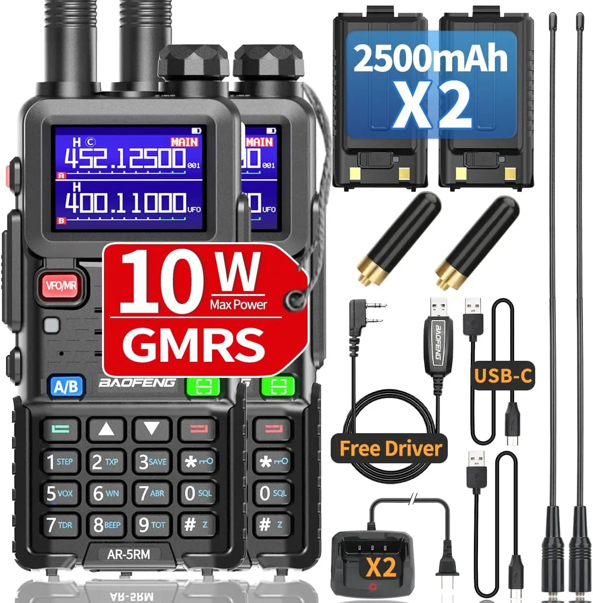 BaoFeng Radio 5RM 10W Ham Radio Long Range AR-5RM Handheld Two Way Radio GMRS NOAA Weather Radio Rechargeable UV-5R Walkie Talkies, Copy Frequency 999CH with Type C Charging 2500mAh Battery (2 Pack)