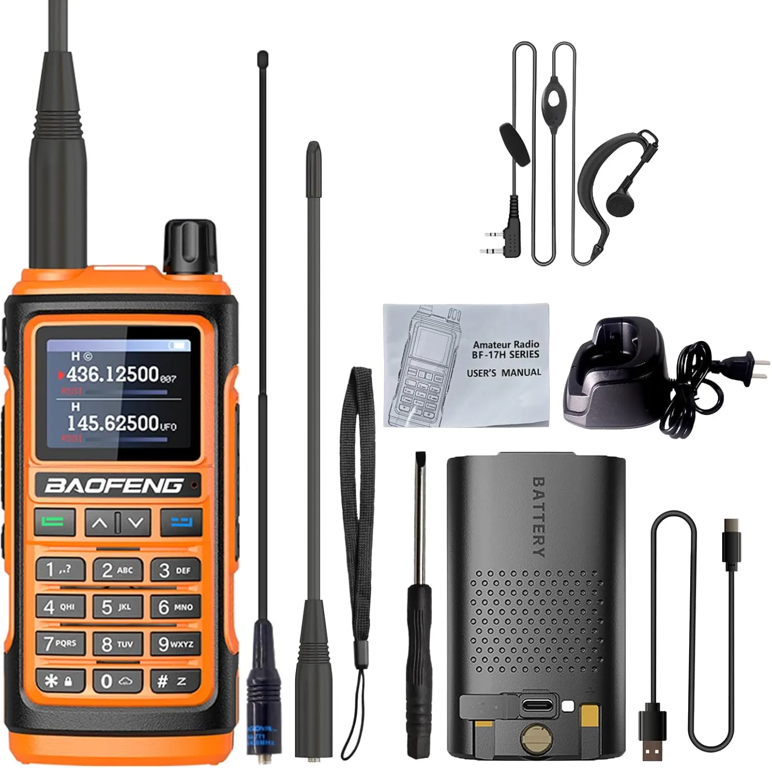 BAOFENG UV-17H GPS Walkie Talkie USB-C Charging High Power Radio UV-17 Pro Max GPS 1.77in LCD Screen with Earpiece 771 Antenna Rechargable Handheld Radio (Orange)