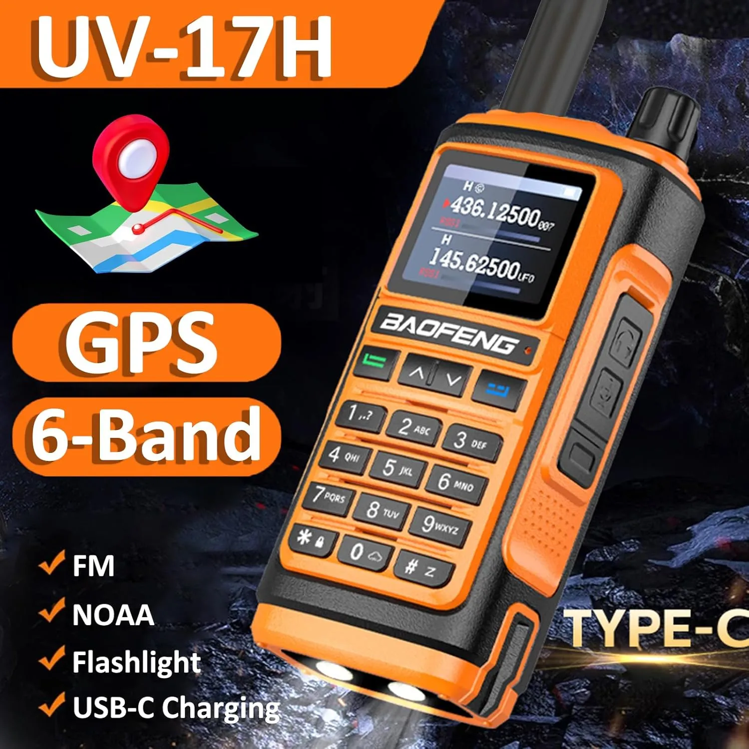 BAOFENG UV-17H GPS Walkie Talkie USB-C Charging High Power Radio UV-17 Pro Max GPS 1.77in LCD Screen with Earpiece 771 Antenna Rechargable Handheld Radio (Orange)