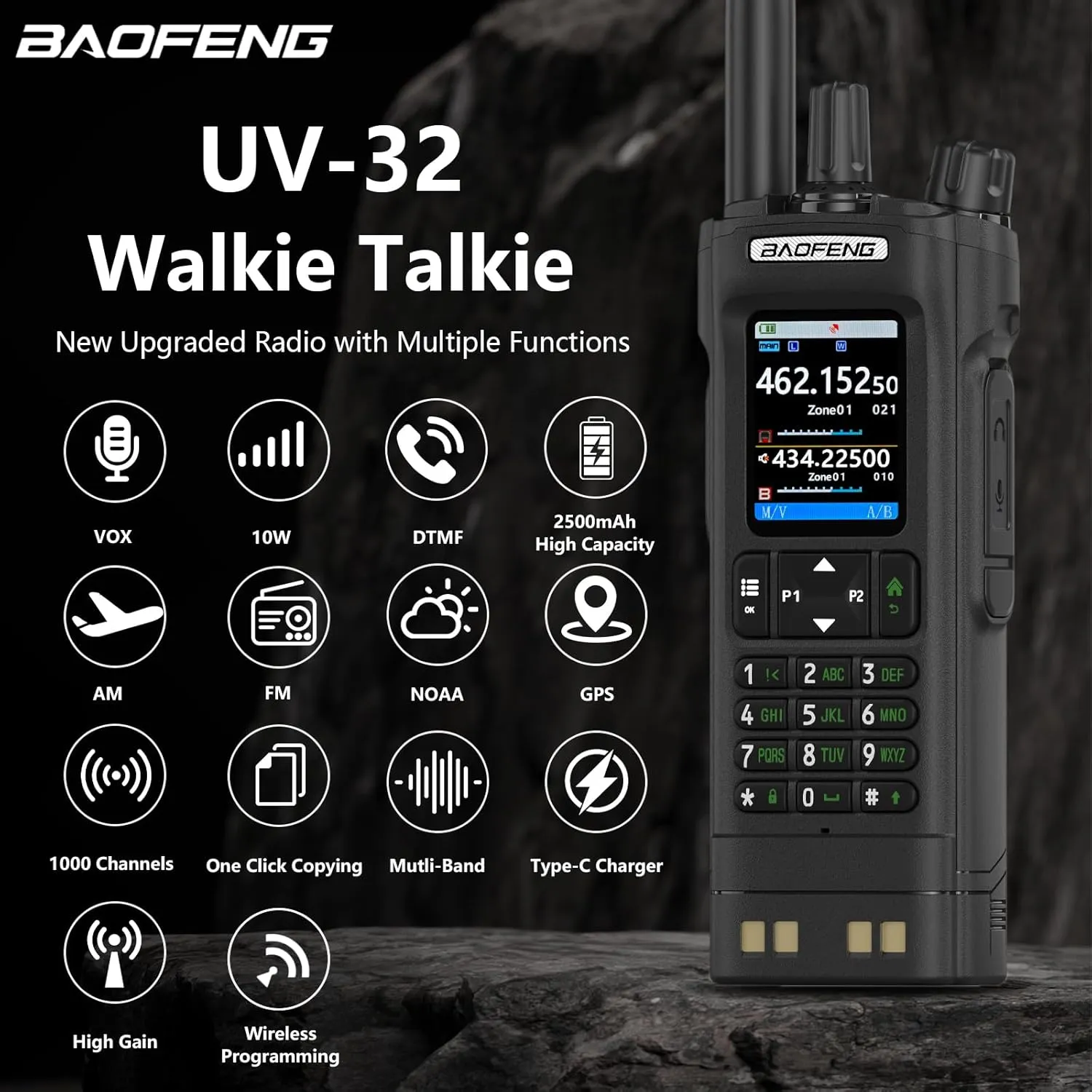 BAOFENG UV-32 Radio 10W High Power Walkia Talkie GPS Two Way Raido USB-C Charging Multi-Band FM/AM Handheld Radio UV32 with Radio Cases (Black)