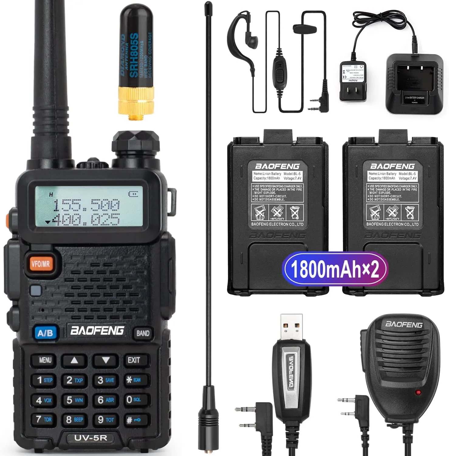 BaoFeng UV-5R Handheld Ham Radio with Extra 1800mAh Battery and Greaval GV-771 High Gain Antenna, Dual Band Two Way Radio Includes Full Kit (Black)