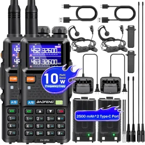 BAOFENG UV-5RM Ham Radio Handheld: 10W Ham Radios Long Range NOAA Weather Receiver 5RM BAOFENG Radio with 2500mAh Type-C Charging Li-ion Battery, 771 Antenna, Earpiece, Base Charger, 2 Pack