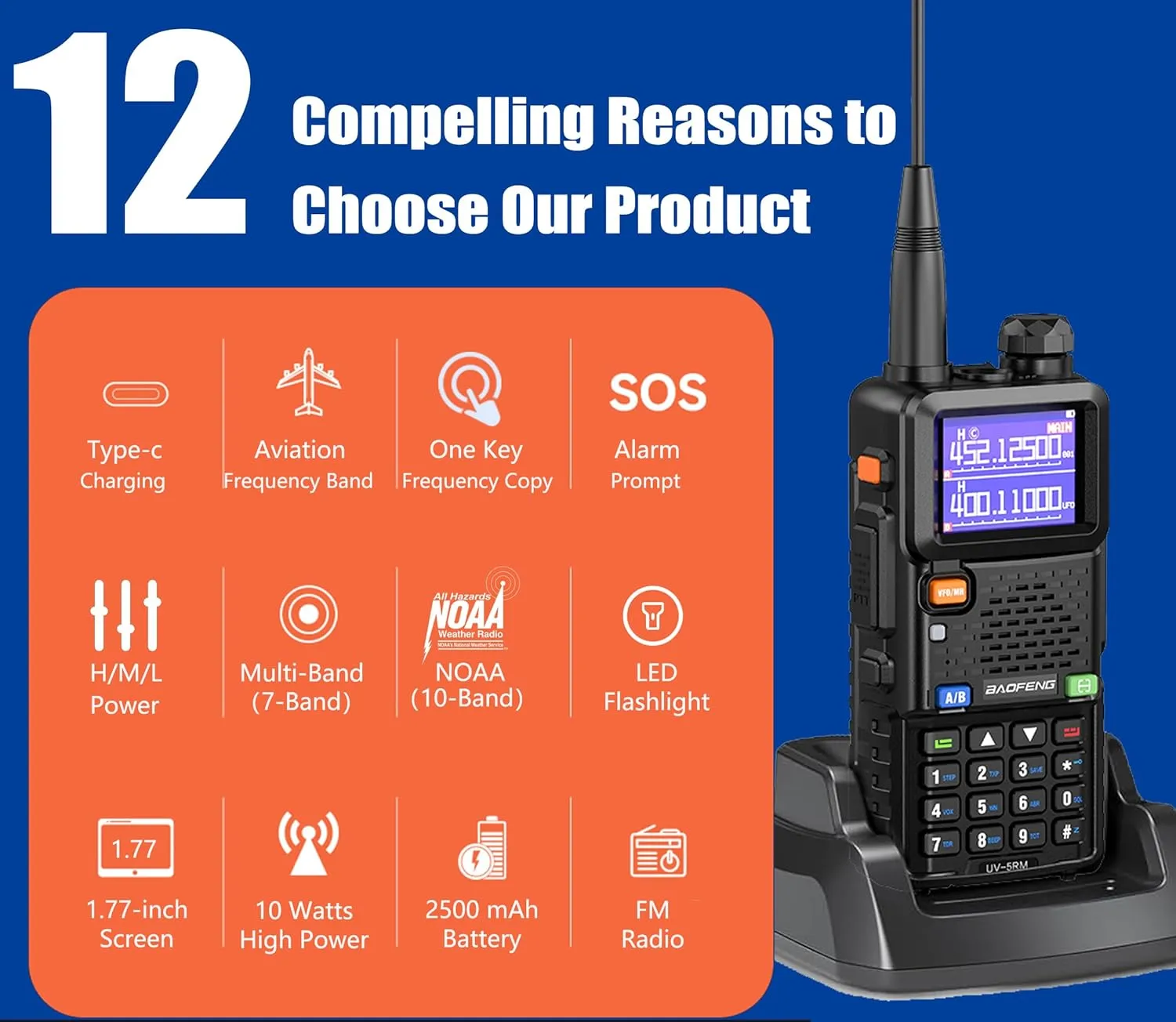 BAOFENG UV-5RM Ham Radio Handheld Multi Band10W High Power Long Range Walkie Talkies Frequency Copy Emergency NOAA with Tactical Antenna and Headphones 2 Way Radio for Adults USB-C Charger 999CH