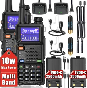 BAOFENG UV-5RM Ham Radio Handheld Multi Band10W High Power Long Range Walkie Talkies Frequency Copy Emergency NOAA with Tactical Antenna and Headphones 2 Way Radio for Adults USB-C Charger 999CH