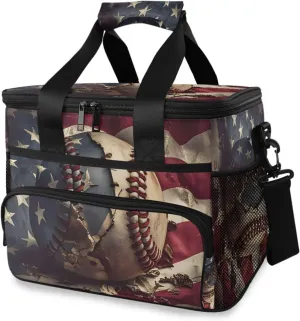 Baseball American Flag Cooler Bag Insulated Cooler Soft Sided Cooler 24 Can Portable Picnic Bag Large Leakproof Lunch Bag Box for Beach Grocery Camping Travel Car Men Women