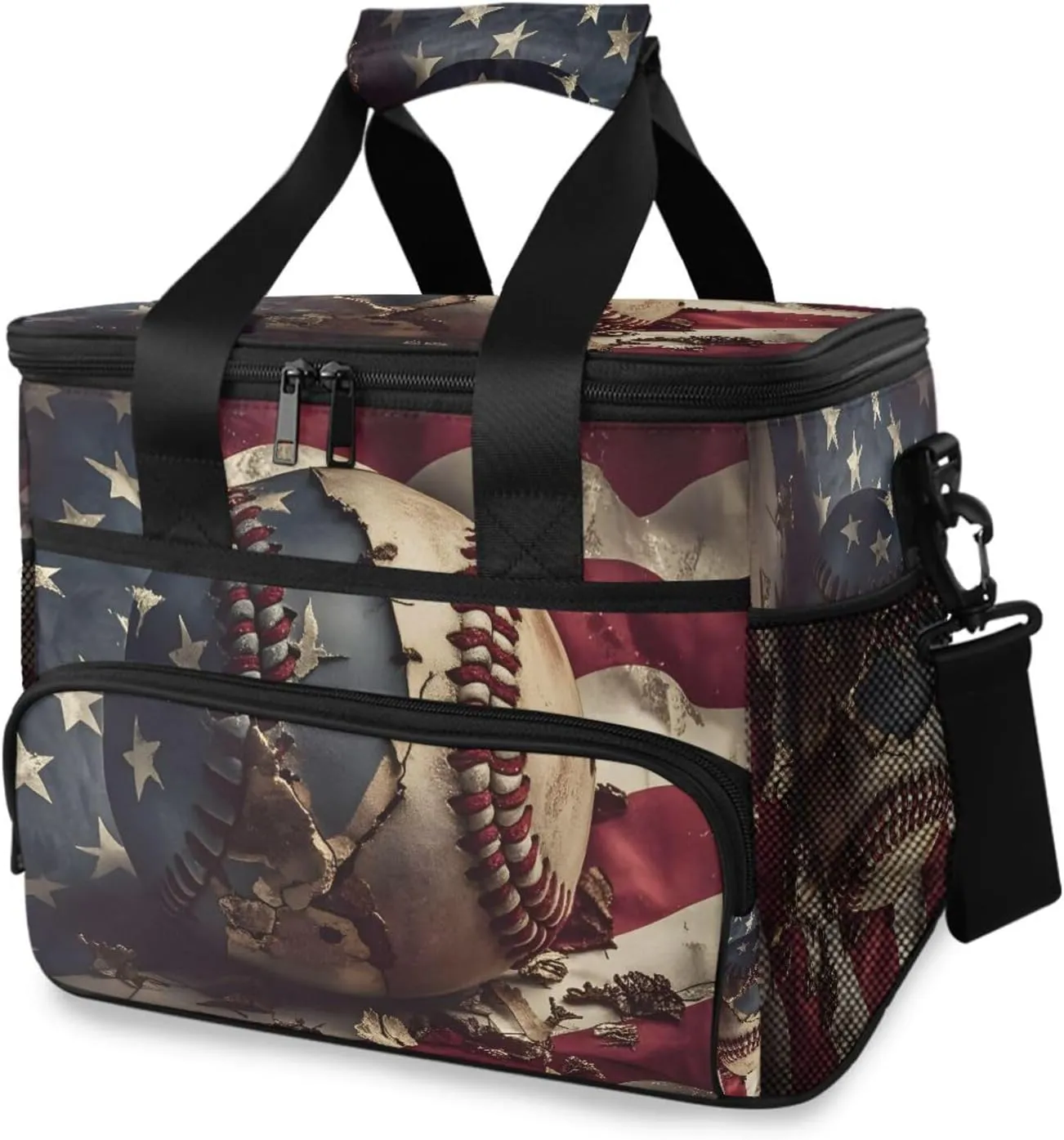 Baseball American Flag Cooler Bag Insulated Cooler Soft Sided Cooler 24 Can Portable Picnic Bag Large Leakproof Lunch Bag Box for Beach Grocery Camping Travel Car Men Women