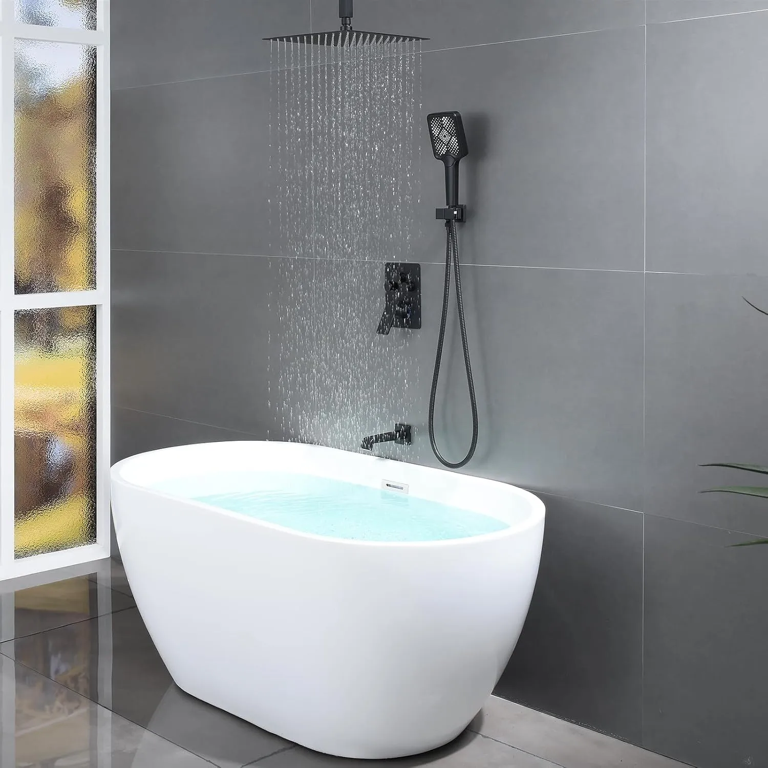 Bathtub Shower Faucet Set with Pressure Balance Valve, 12" Ceiling Mount Shower System with Tub Spout Multi-function Handheld Head Push Button Diverter Shower Trim Kit, Matte Black
