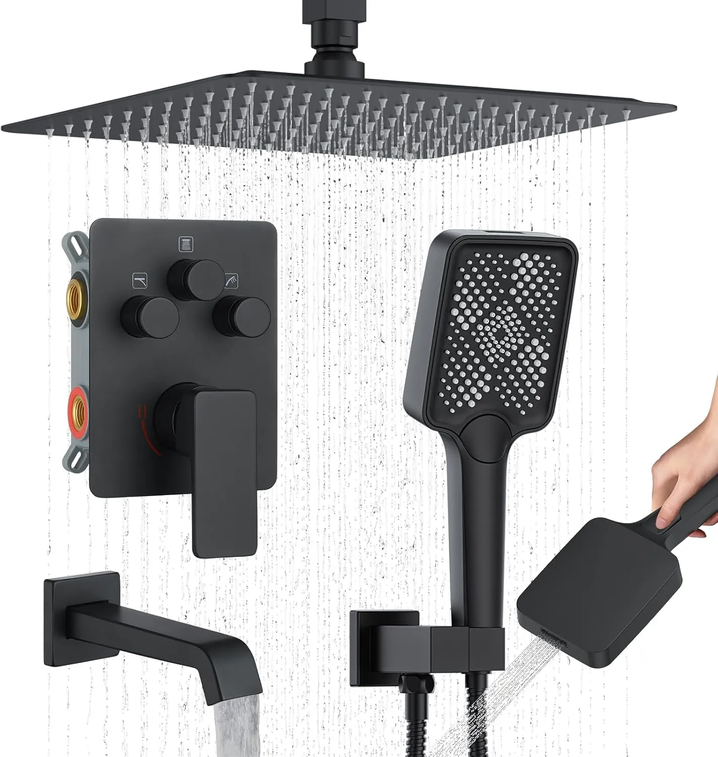 Bathtub Shower Faucet Set with Pressure Balance Valve, 12" Ceiling Mount Shower System with Tub Spout Multi-function Handheld Head Push Button Diverter Shower Trim Kit, Matte Black