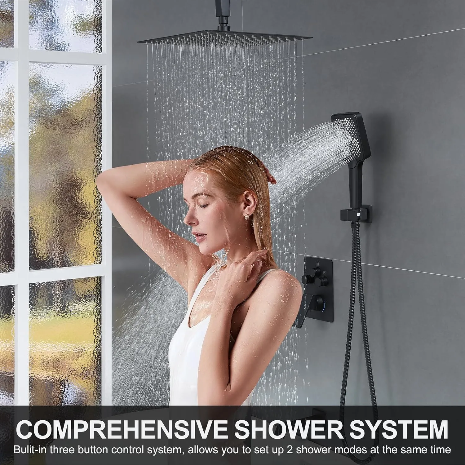 Bathtub Shower Faucet Set with Pressure Balance Valve, 12" Ceiling Mount Shower System with Tub Spout Multi-function Handheld Head Push Button Diverter Shower Trim Kit, Matte Black