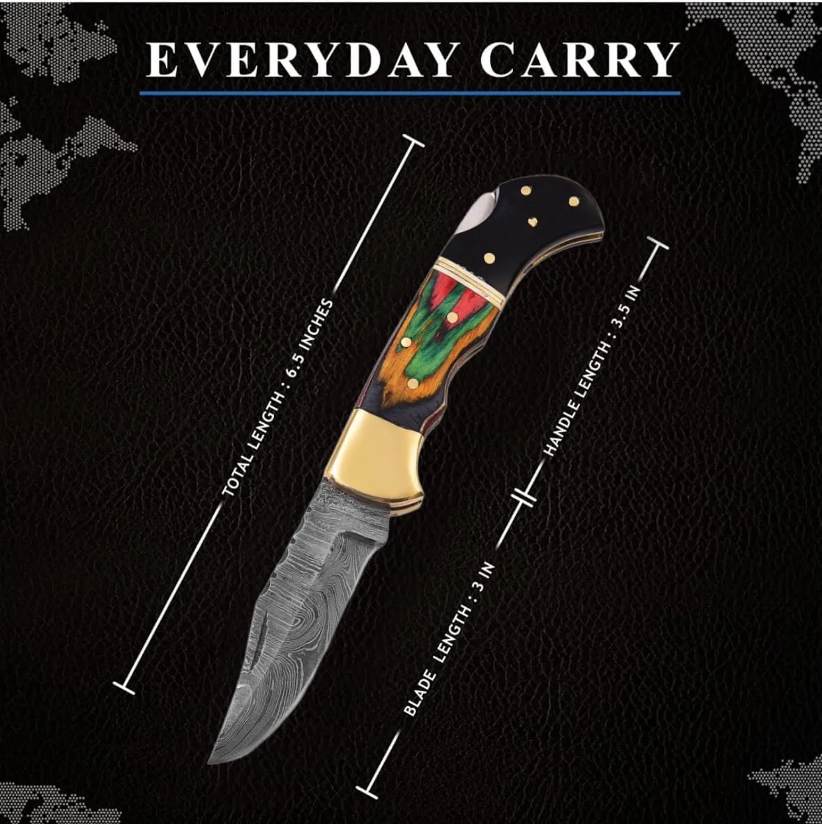 BCK Damascus Pocket Knife with Clip - 6.5" Handmade Folding Knife with Sheath - Pocket knife men - Good For Camping Hunting Fishing Indoor & Outdoors Activities - Damascus knife - Folding Hunting Knives - Leather Sheath. (Multi Black)