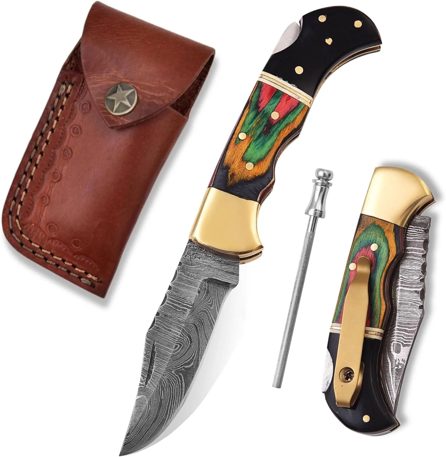 BCK Damascus Pocket Knife with Clip - 6.5" Handmade Folding Knife with Sheath - Pocket knife men - Good For Camping Hunting Fishing Indoor & Outdoors Activities - Damascus knife - Folding Hunting Knives - Leather Sheath. (Multi Black)