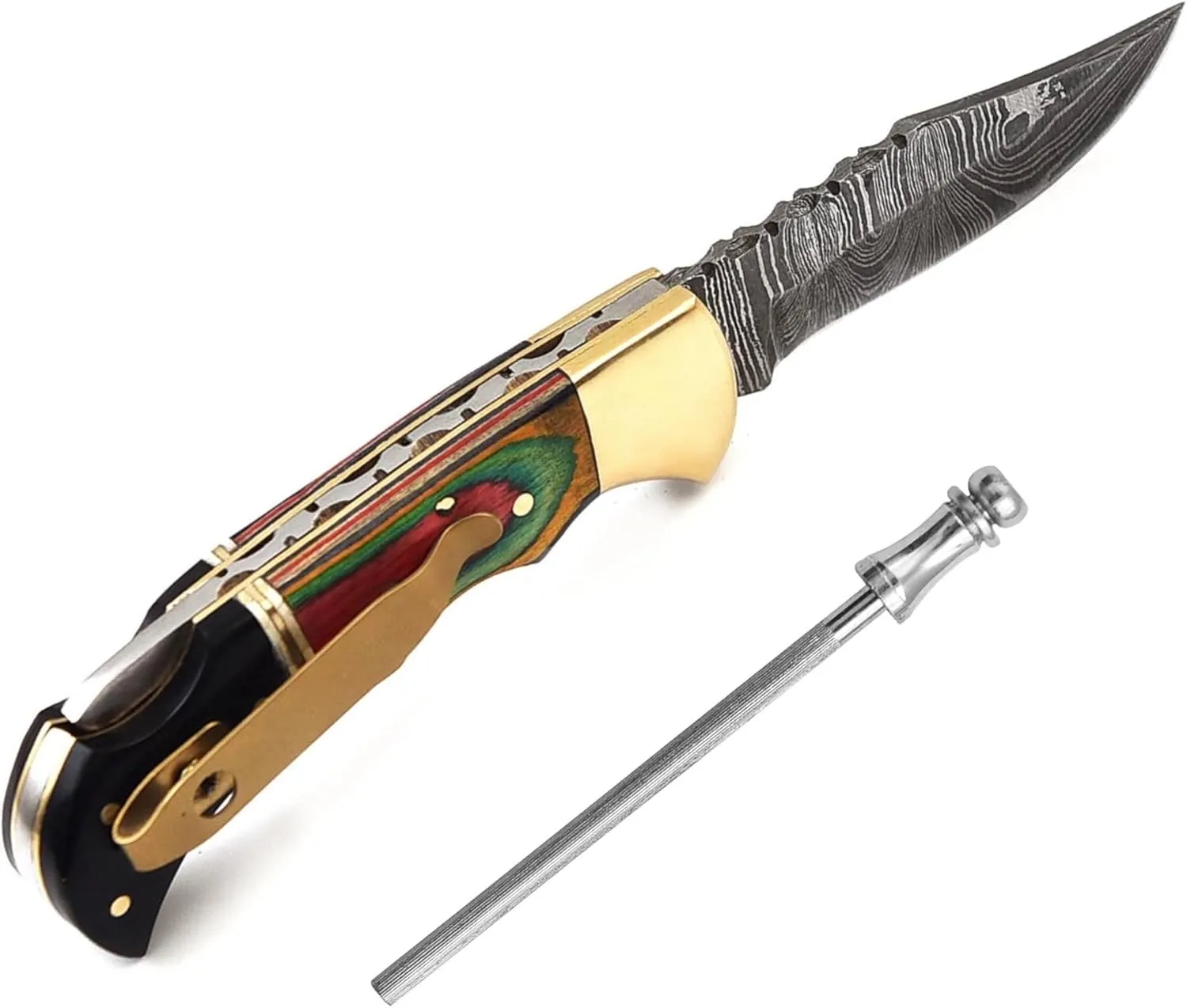 BCK Damascus Pocket Knife with Clip - 6.5" Handmade Folding Knife with Sheath - Pocket knife men - Good For Camping Hunting Fishing Indoor & Outdoors Activities - Damascus knife - Folding Hunting Knives - Leather Sheath. (Multi Black)