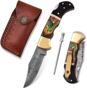 BCK Damascus Pocket Knife with Clip - 6.5" Handmade Folding Knife with Sheath - Pocket knife men - Good For Camping Hunting Fishing Indoor & Outdoors Activities - Damascus knife - Folding Hunting Knives - Leather Sheath. (Multi Black)