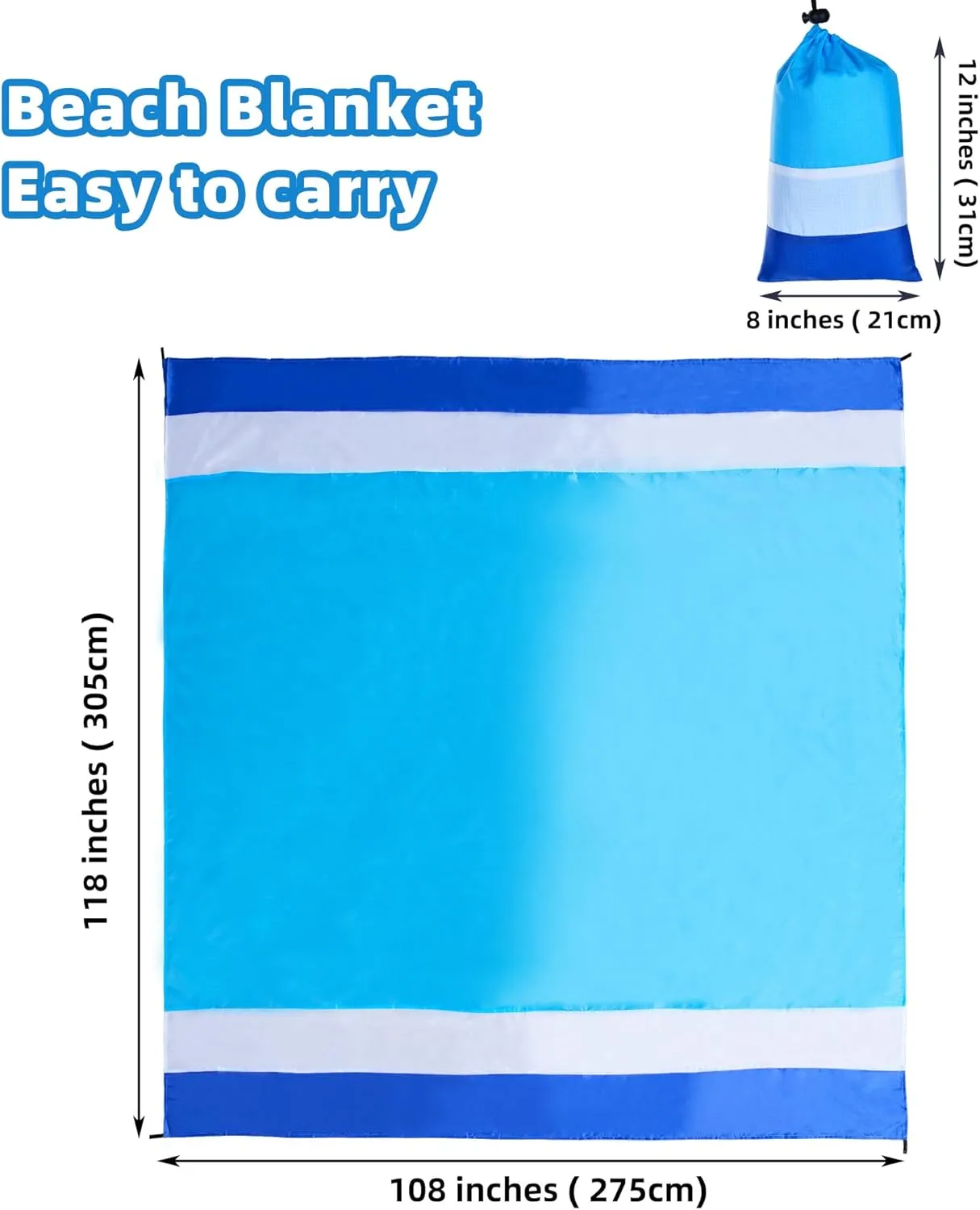 Beach Blanket Extra Large 108"*118" with 2 Pillows Waterproof Sandproof Beach Mat Lightweight Compact Quick Drying with 4 Stakes&4 Corner Pockets for 1-8 Adults for Camping Picnic Hiking