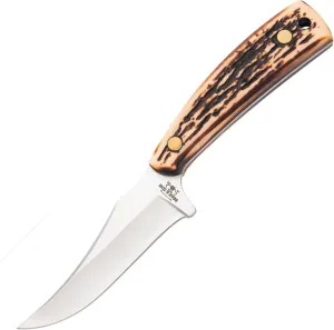 Bear & Son Cutlery 7 1/4" Upswept Skinner Knife, 440 High Carbon Stainless Steel Blade, Stag Delrin Handle, Leather Sheath (753)