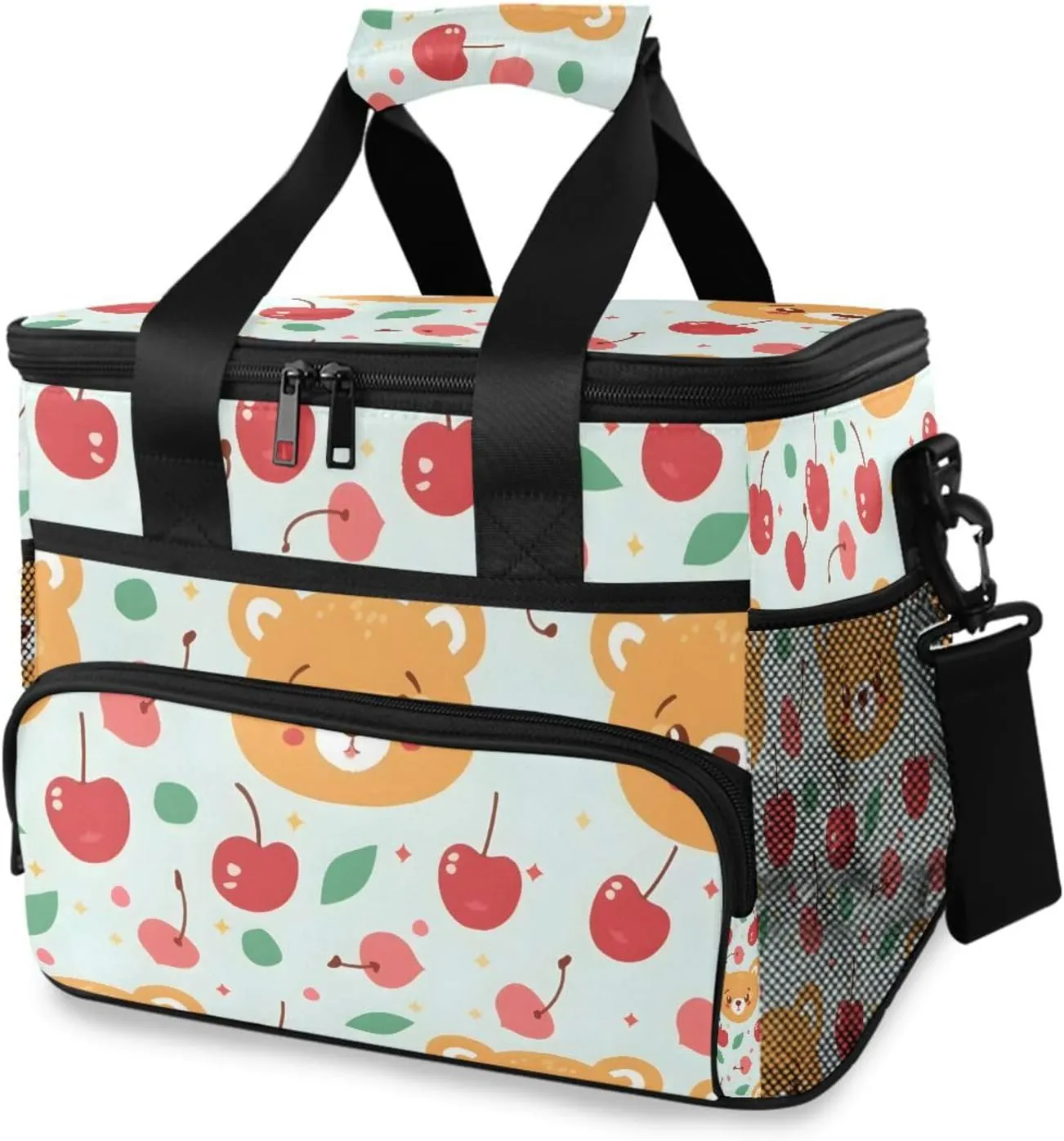 Bear Animal Cherry Blue Cooler Bag Insulated Cooler Soft Sided Cooler 24 Can Portable Picnic Bag Large Leakproof Lunch Bag Box for Beach Grocery Camping Travel Car Men Women