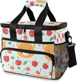 Bear Animal Cherry Blue Cooler Bag Insulated Cooler Soft Sided Cooler 24 Can Portable Picnic Bag Large Leakproof Lunch Bag Box for Beach Grocery Camping Travel Car Men Women