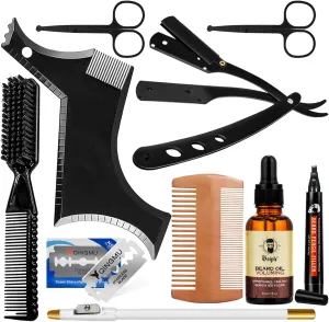 Beard Shaper for Men Beard Shaping Tools - Beard Straightener, Beard Template Guide, Professional Straight Edge Razor, 10 PCS Double Edge Blade, Barber Pencil, Beard Comb, 2 Stainless Steel Scissors