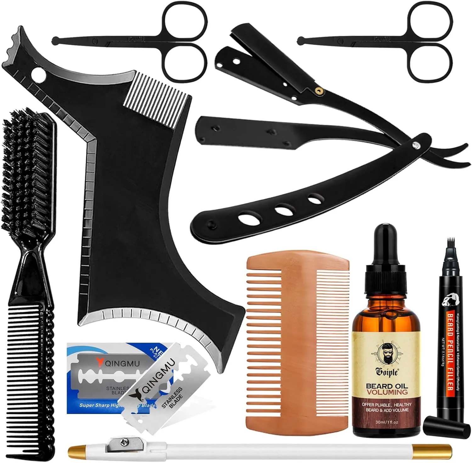 Beard Shaper for Men Beard Shaping Tools - Beard Straightener, Beard Template Guide, Professional Straight Edge Razor, 10 PCS Double Edge Blade, Barber Pencil, Beard Comb, 2 Stainless Steel Scissors