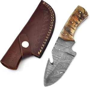 Beautiful Damascus Gut Hook Knife Made of Remarkable Damascus Steel Ram Handle/w Brown Leather Sheath TJ111