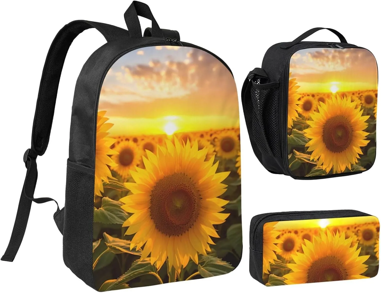 Beautiful sunflower1 print Backpack 3pcs Set Including 17 Inch Large BookBag With Lunch Bag And Practical Pen Bag