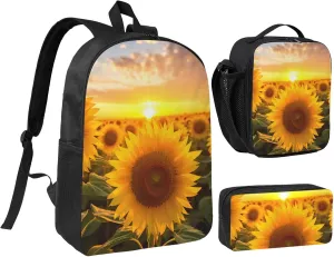 Beautiful sunflower1 print Backpack 3pcs Set Including 17 Inch Large BookBag With Lunch Bag And Practical Pen Bag