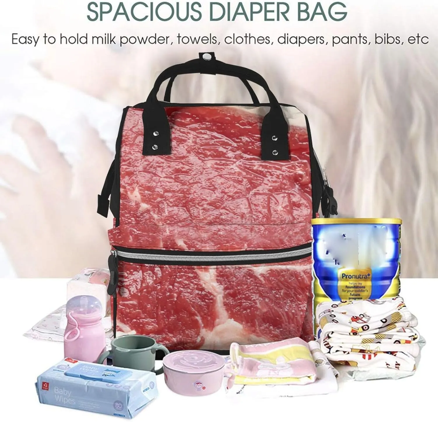 Beef Meat Diaper Bag Backpack For Baby Girls, Mom Waterproof Large Nappy Bags For Women