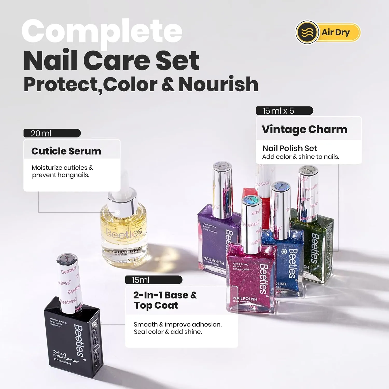 Beetles Glitter Nail Polish Set 7Pcs, Fast Drying & Long Lasting Red Blue Green Nail Polish with 2 IN 1 Base & Top Coat and Cuticle Serum 20ml, All-in-One Care 4th of July Nails Kit