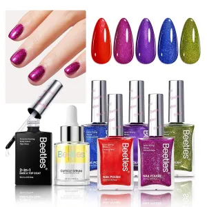 Beetles Glitter Nail Polish Set 7Pcs, Fast Drying & Long Lasting Red Blue Green Nail Polish with 2 IN 1 Base & Top Coat and Cuticle Serum 20ml, All-in-One Care 4th of July Nails Kit