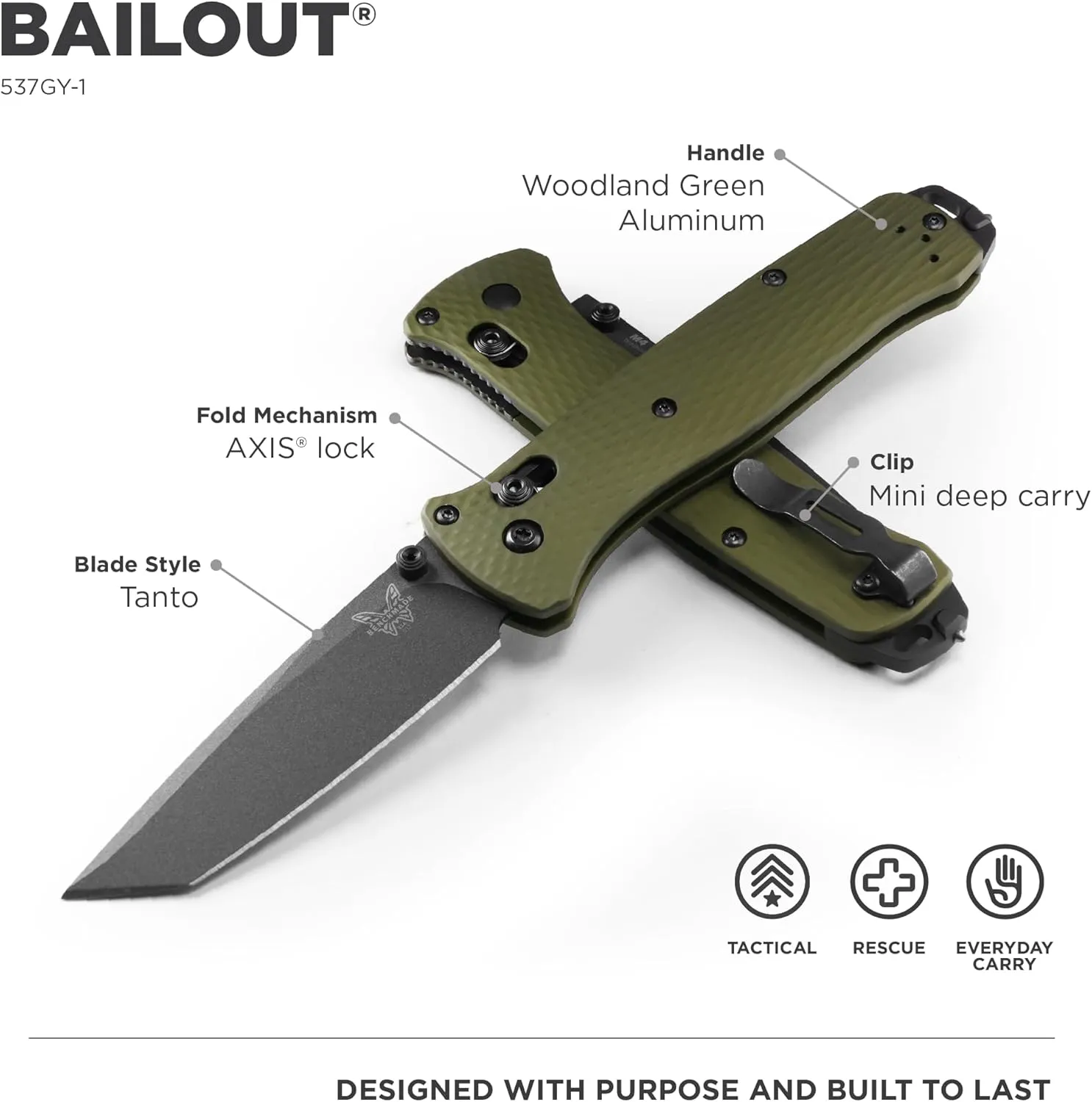 Benchmade - Bailout 537GY EDC Knife with Woodland Green Handle (537GY-1)