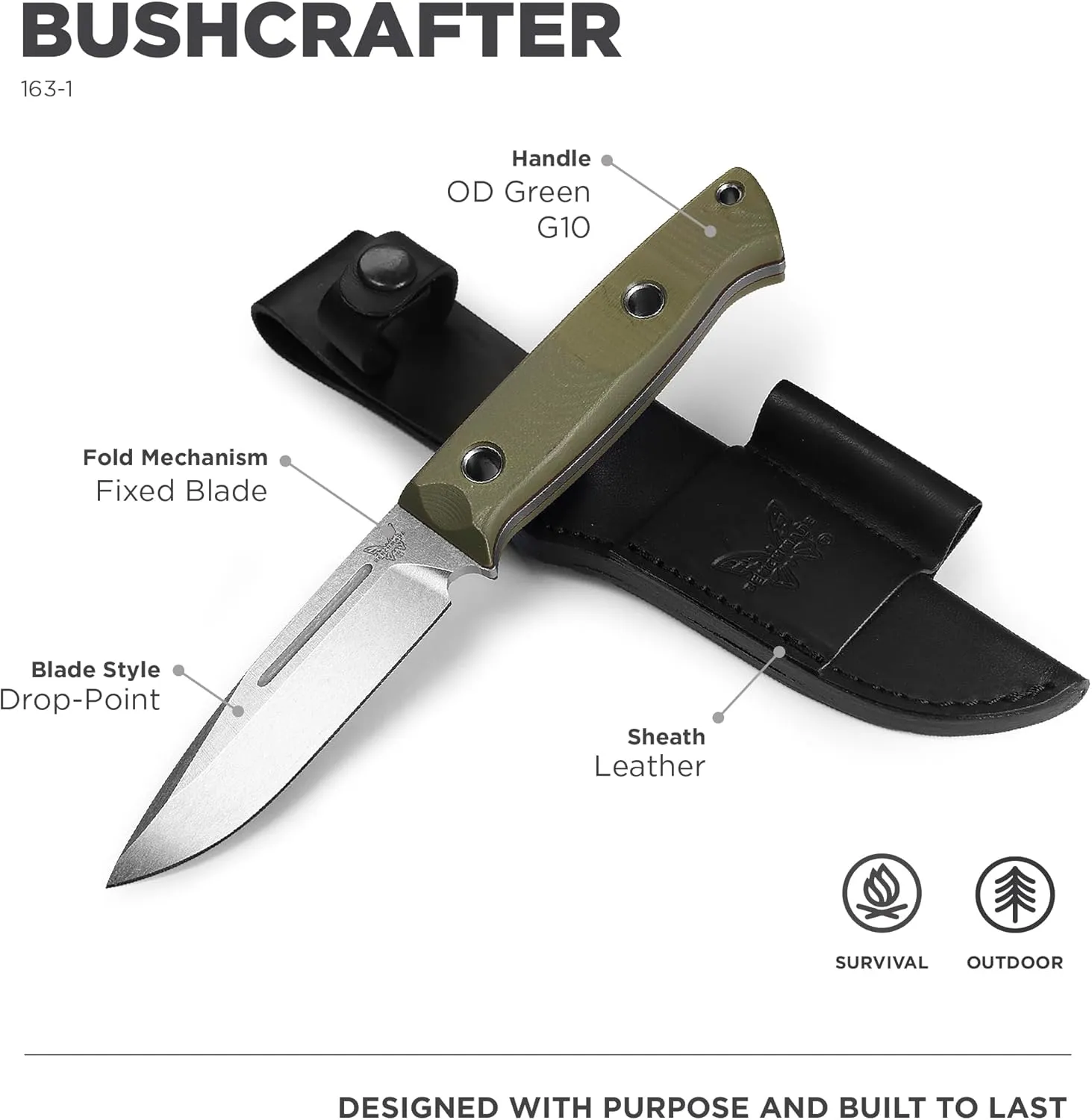 Benchmade - Bushcrafter 163 Survival Knife with OD Green G10 Handle (163-1)