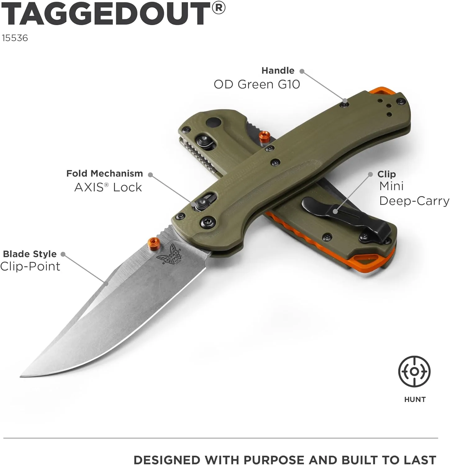 Benchmade - Taggedout 15536 Hunting Knife with OD Green G10 Handle (15536)