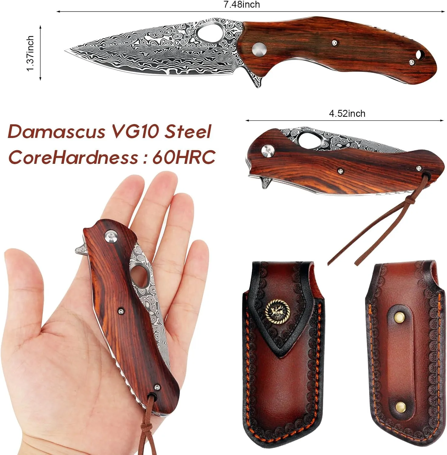 Benkey Damascus Folding Knife, Sharp VG10 Core Damascus Steel Pocket Knives with Natural Wood Handle, Quality Leather Sheath, Ball Bearing, Liner Lock, Lightweight Pocket Knife for EDC Men Women