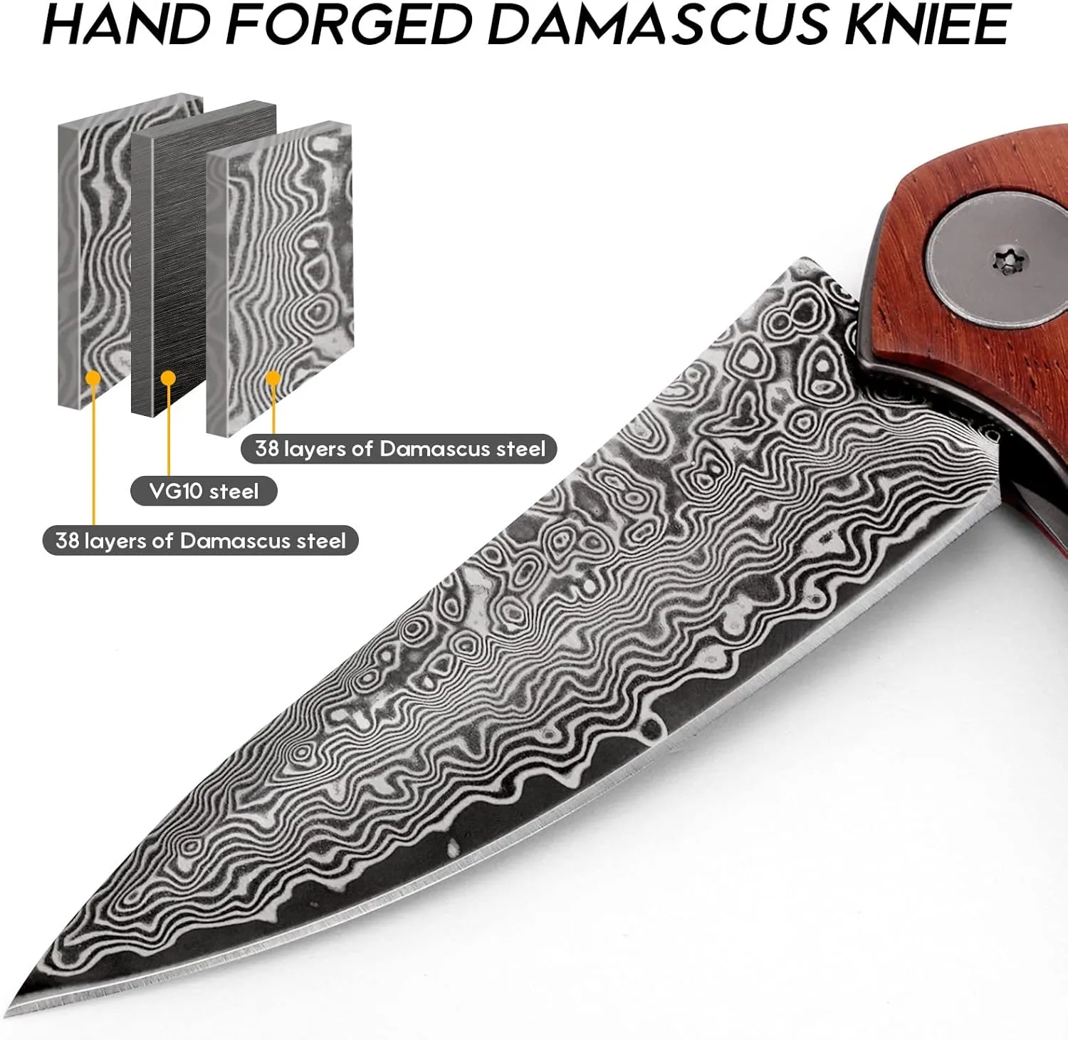 Benkey Damascus Folding Knife with Clip Leather Sheath Camping Knife EDC, Sharp Damascus Pocket Knife Handmade with Liner Lock and Wood Handle for Outdoor Survival Hunting Collection
