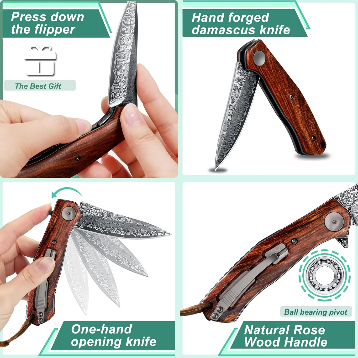 Benkey Damascus Folding Knife with Clip Leather Sheath Camping Knife EDC, Sharp Damascus Pocket Knife Handmade with Liner Lock and Wood Handle for Outdoor Survival Hunting Collection