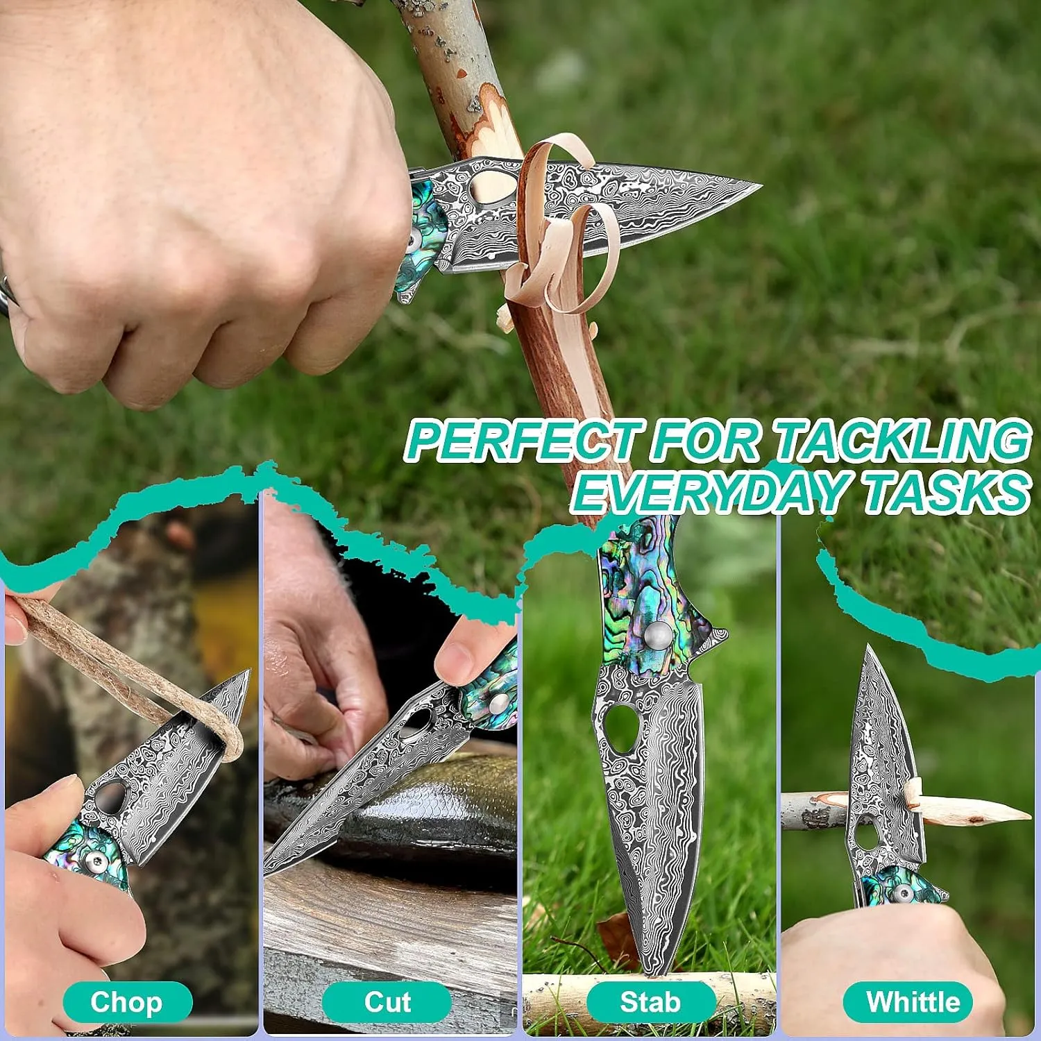Benkey Damascus Pocket Knife, Sharp VG10 Core Damascus Steel Folding Knives with True Abalone Shells Handle, Leather Sheath, Ball Bearing, Liner Lock, Lightweight Damascus Knife for EDC Men Women
