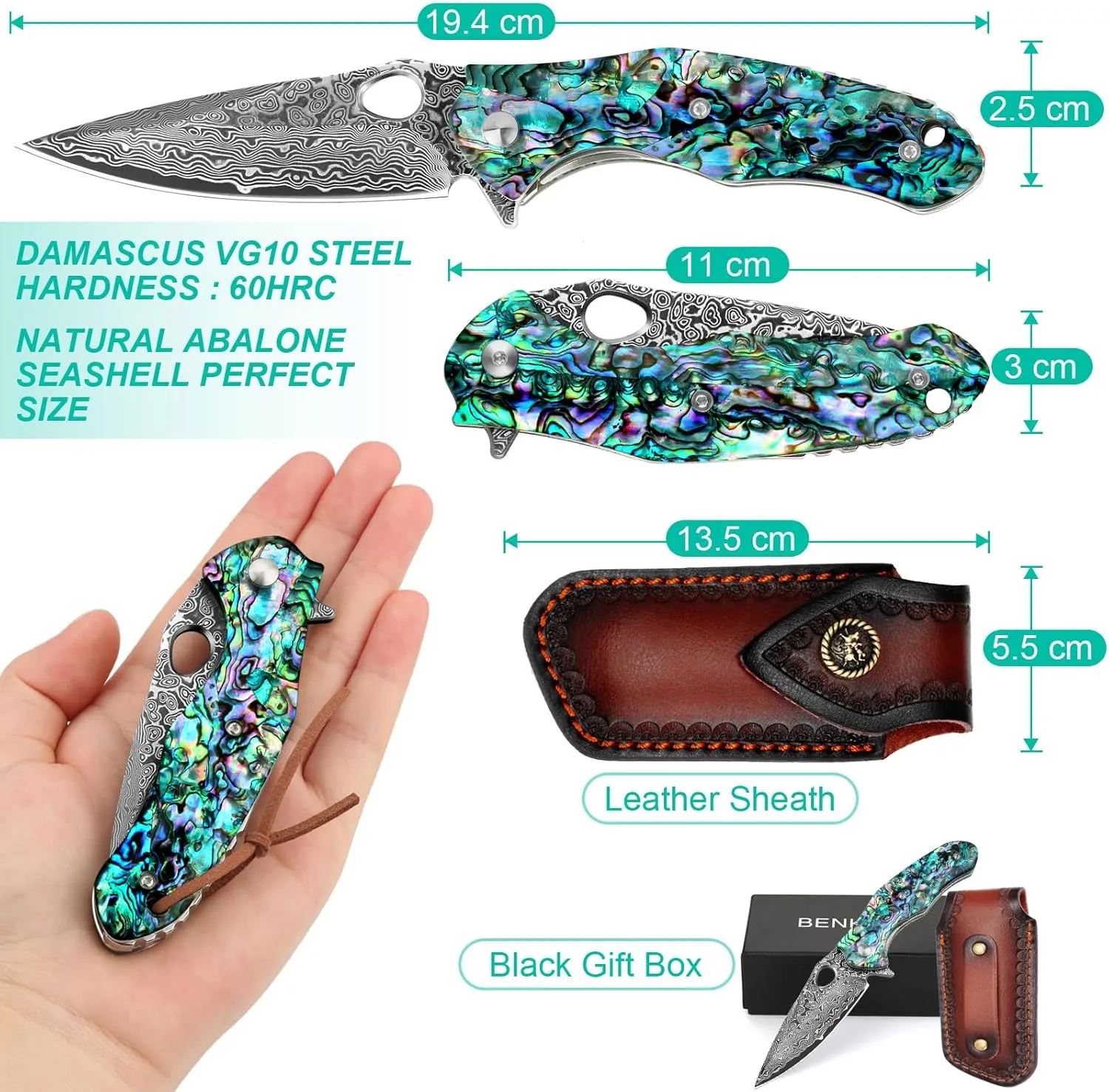 Benkey Damascus Pocket Knife, Sharp VG10 Core Damascus Steel Folding Knives with True Abalone Shells Handle, Leather Sheath, Ball Bearing, Liner Lock, Lightweight Damascus Knife for EDC Men Women