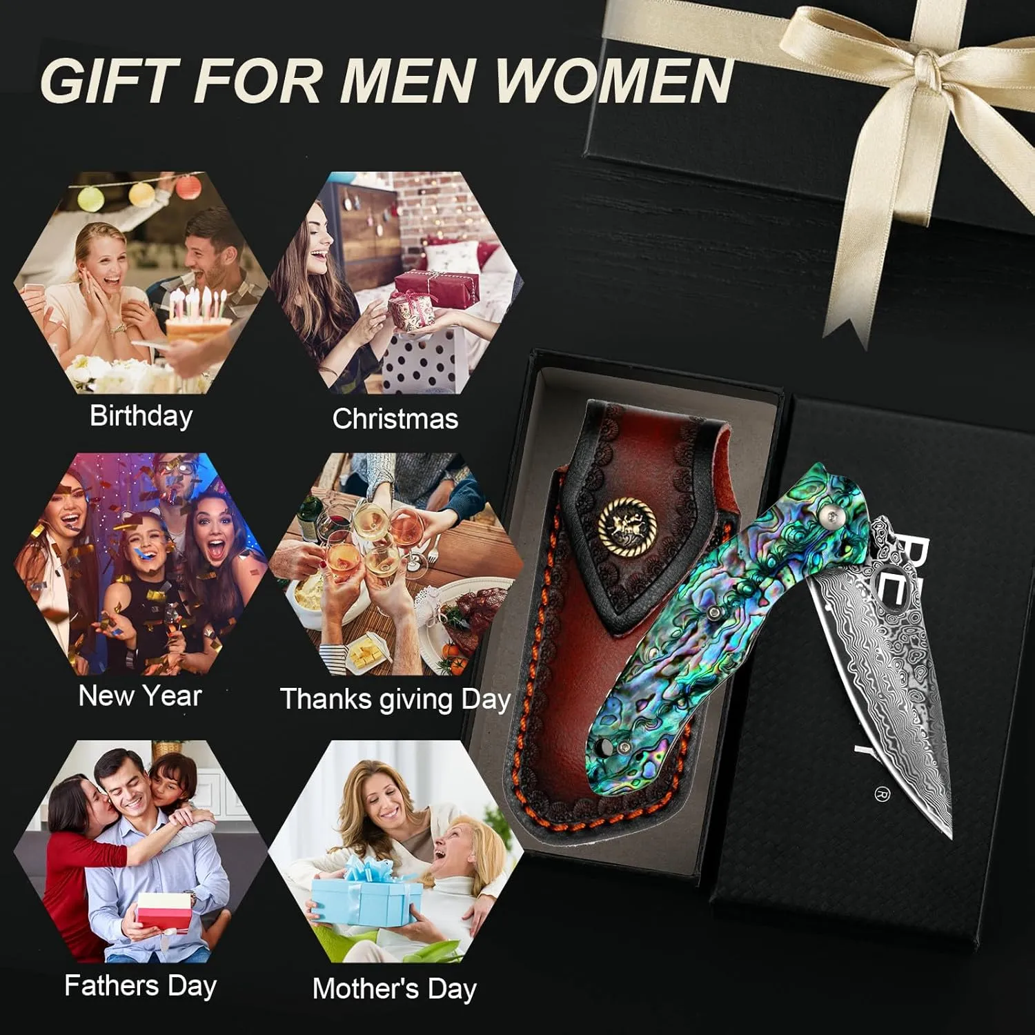Benkey Damascus Pocket Knife, Sharp VG10 Core Damascus Steel Folding Knives with True Abalone Shells Handle, Leather Sheath, Ball Bearing, Liner Lock, Lightweight Damascus Knife for EDC Men Women
