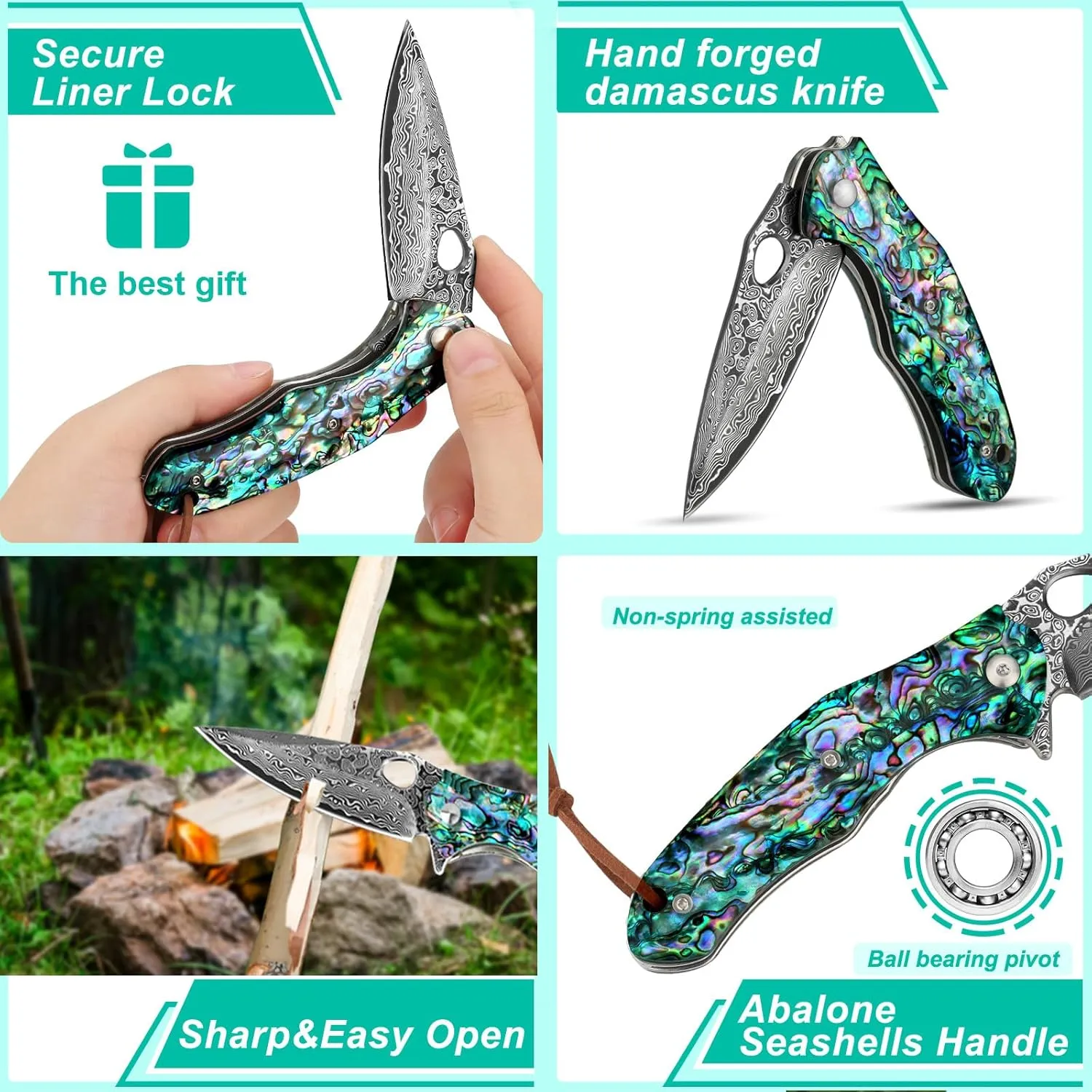 Benkey Damascus Pocket Knife, Sharp VG10 Core Damascus Steel Folding Knives with True Abalone Shells Handle, Leather Sheath, Ball Bearing, Liner Lock, Lightweight Damascus Knife for EDC Men Women