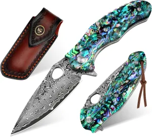 Benkey Damascus Pocket Knife, Sharp VG10 Core Damascus Steel Folding Knives with True Abalone Shells Handle, Leather Sheath, Ball Bearing, Liner Lock, Lightweight Damascus Knife for EDC Men Women