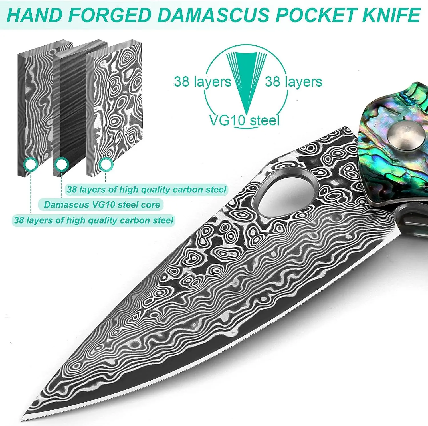 Benkey Damascus Pocket Knife, Sharp VG10 Core Damascus Steel Folding Knives with True Abalone Shells Handle, Leather Sheath, Ball Bearing, Liner Lock, Lightweight Damascus Knife for EDC Men Women