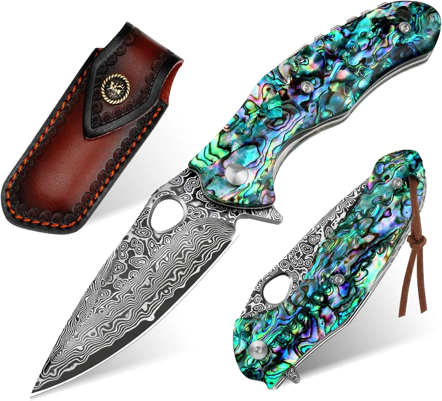 Benkey Damascus Pocket Knife, Sharp VG10 Core Damascus Steel Folding Knives with True Abalone Shells Handle, Leather Sheath, Ball Bearing, Liner Lock, Lightweight Damascus Knife for EDC Men Women