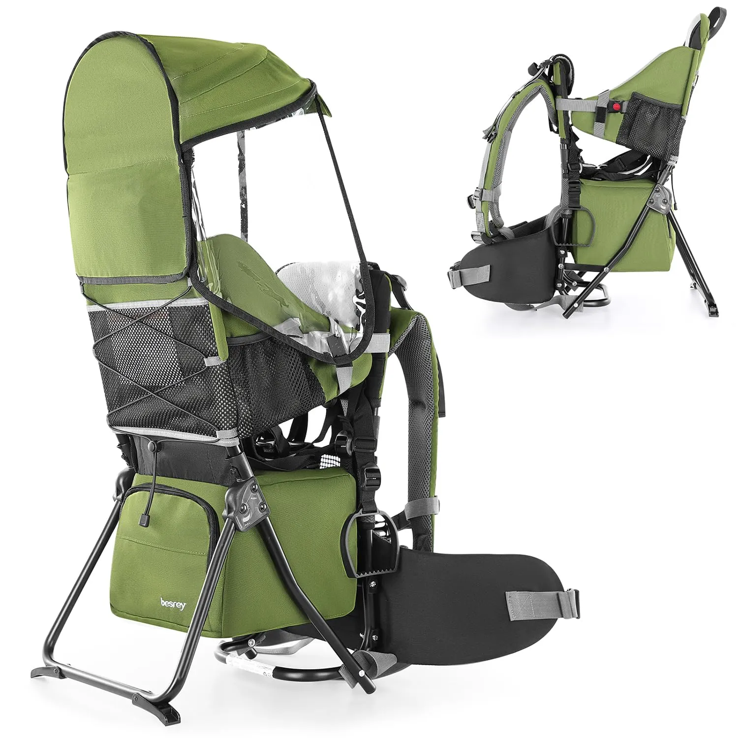 besrey Baby Backpack Carrier, Toddler Hiking Backpack with Safety 3-Height Seat, Adjustable Straps&Waist Belt, Foldable Frame Lightweight Large Capacity Child Carrier for Hiking (Army Green)