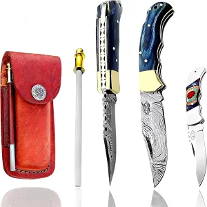Best.Buy.Damascus1 Ultimate Folding Knife Blue Wood Pocket Knife Compact, Damascus Knife - Ideal knives for Outdoor, Survival, Camping & Everyday Use Knife Set