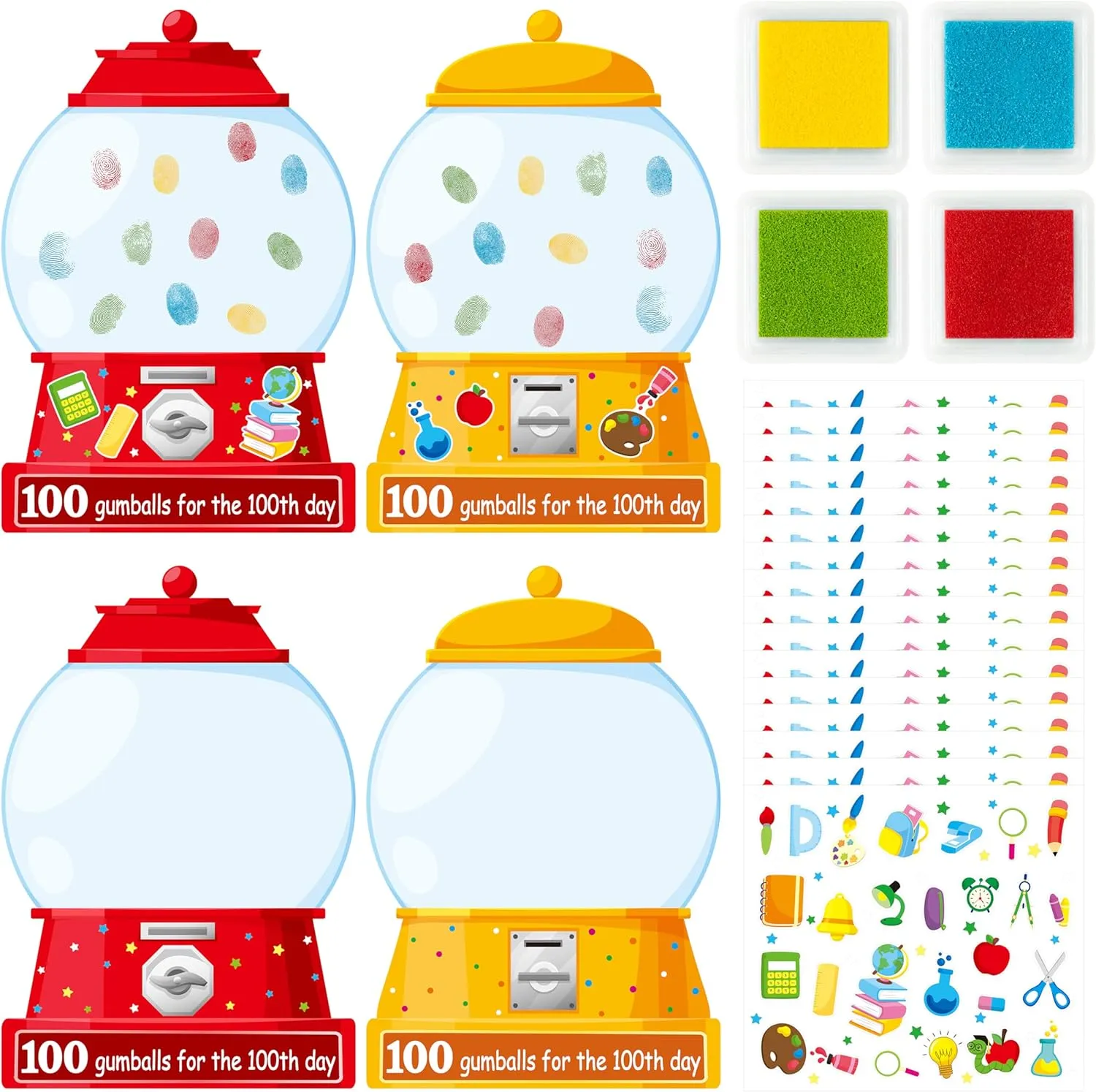 BeYumi Gumball Machine Sticker Craft - 28Pcs 100 Days of School Gumball Machine Craft Kit for Kids 100 Fingerprints for 100 Days Finger Print Art Set 100th Day of School Party Classroom Activities