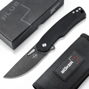 BÖKER PLUS® Nahal Flipper knife - military tactical knife with thumb hole - black D2 blade - tactical folding knife with clip - with case & gift box